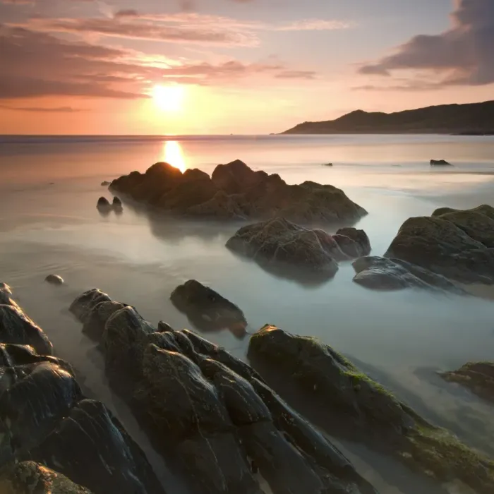 Framed Print : Sunset on Barricane Beach, Woolacombe, Devon, England. Summer Framed Print : Sunset on Barricane Beach, Woolacombe, Devon, England. Summer