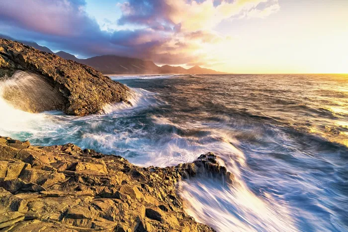 Framed Print : Sunset over the breaking waves washing Cofete Beach, Jandia Nature Park, Fuerteventura, Canary Islands, Spain Framed Print : Sunset over the breaking waves washing Cofete Beach, Jandia Nature Park, Fuerteventura, Canary Islands, Spain