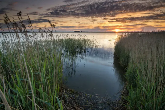 Framed Print : Sunset over Breydon Water, near Great Yarmouth, Norfolk, England