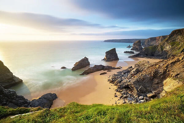 Sunset at Carnewas and Bedruthan Steps, Bedruthan Steps, Newquay, Cornwall, United Kingdom