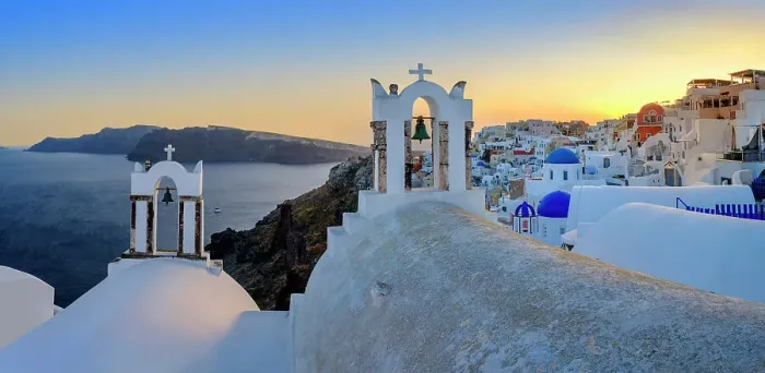 Framed Print : Sunset over Classic Blue Domes, Church and White Architecture Santorini, Oia, Greek Islands, Greece Framed Print : Sunset over Classic Blue Domes, Church and White Architecture Santorini, Oia, Greek Islands, Greece