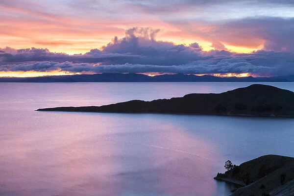 Sunset on Isla del Sol over Lake Titicaca, near Comunidad Yumani, La Paz Department