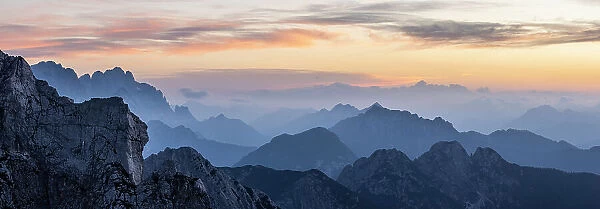 Sunset over the Julian Alps from Mangart Saddle, Triglav National Park, Slovenia