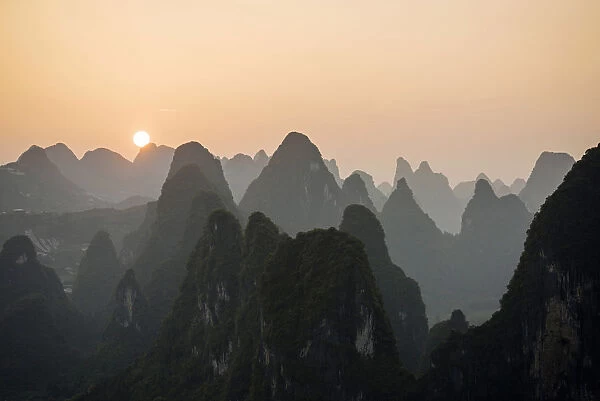 Sunset over Karst Hills from Lao Zhai, Xingping, Guilin, Guangxi Province, China