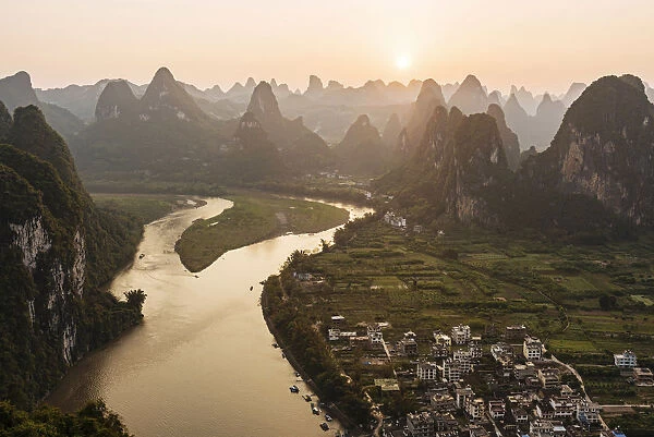 Sunset over Karst Hills from Lao Zhai, Xingping, Guilin, Guangxi Province, China