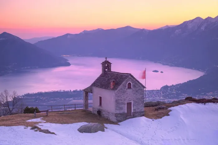 Framed Print : Sunset on the Lake Maggiore from the small church of Monti di Lego, Locarno, Canton