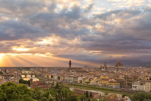 Sunset light on panoramic view of Florence from Piazzale Michelangelo, Florence, Tuscany