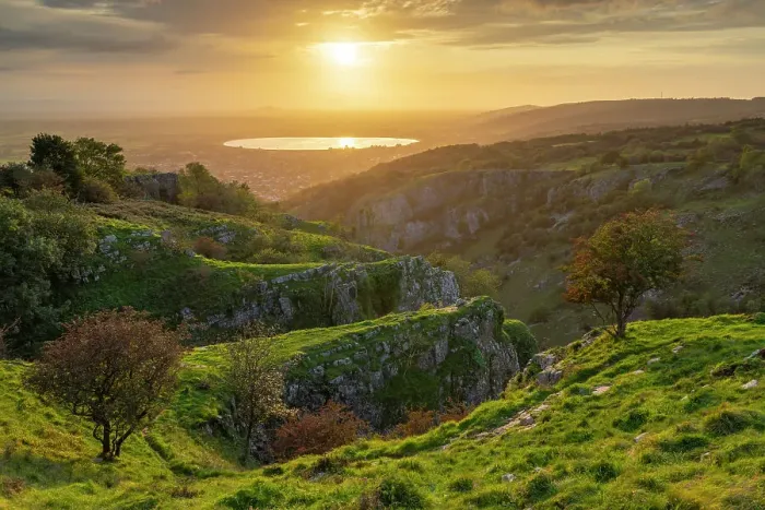 Framed Print : Sunset over the Mendip Hills at Cheddar Gorge, Somerset, England. Autumn (September) 2023