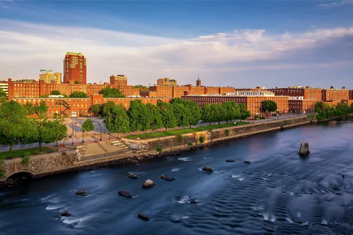 Framed Print : Sunset over milltown and Merrimack River, Manchester, New Hampshire, USA Framed Print : Sunset over milltown and Merrimack River, Manchester, New Hampshire, USA