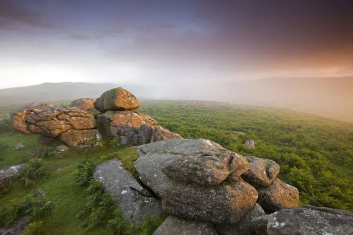 Framed Print : Sunset and misty conditions on the moorland near Haytor, Dartmoor National Park, Devon