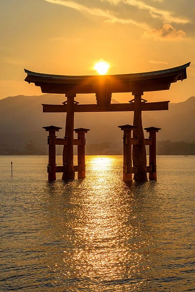 Sunset on Miyajima island, Itsukushima red torii, Japan