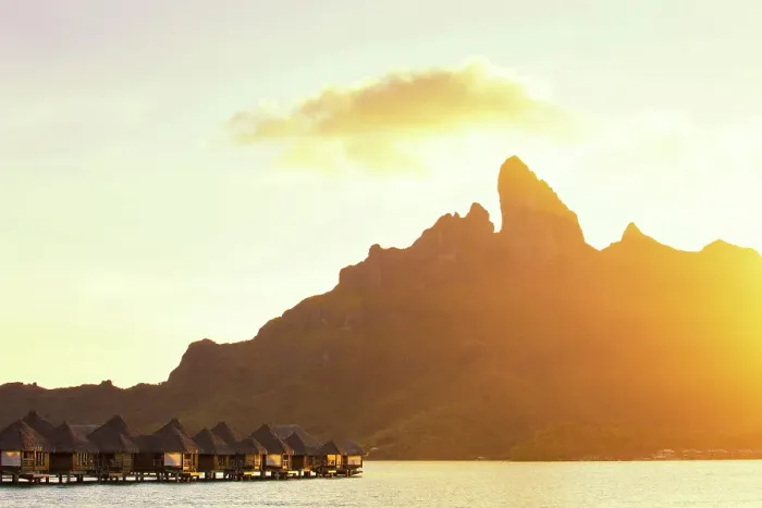 Framed Print : Sunset, Mount Otemanu and stiled hotel suites, Bora Bora, Society Islands, Pacific Ocean, French Polynesia Framed Print : Sunset, Mount Otemanu and stiled hotel suites, Bora Bora, Society Islands, Pacific Ocean, French Polynesia