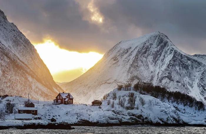 Framed Print : Sunset behind the mountains at Hamn, Senja, Norway Framed Print : Sunset behind the mountains at Hamn, Senja, Norway