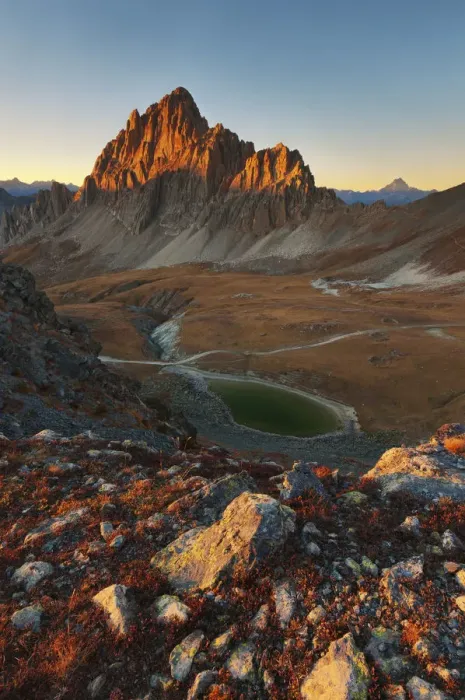 Framed Print : Sunset in mountains landscape, with Rocca la Meja peak, and an alpines lake Framed Print : Sunset in mountains landscape, with Rocca la Meja peak, and an alpines lake