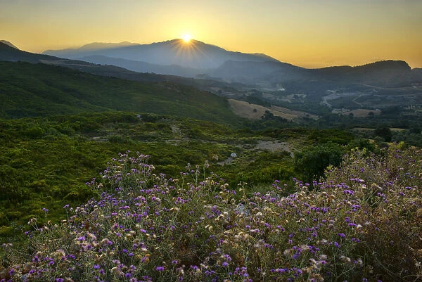 Sunset in the mountains near Argiroupoli, Crete, Greece, Europe