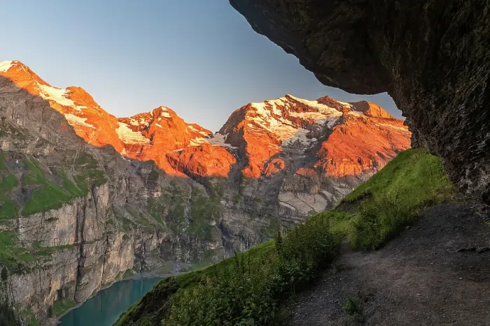 Framed Print : Sunset over Oeschinensee lake, Kandersteg, Bernese Oberland, Switzerland Framed Print : Sunset over Oeschinensee lake, Kandersteg, Bernese Oberland, Switzerland