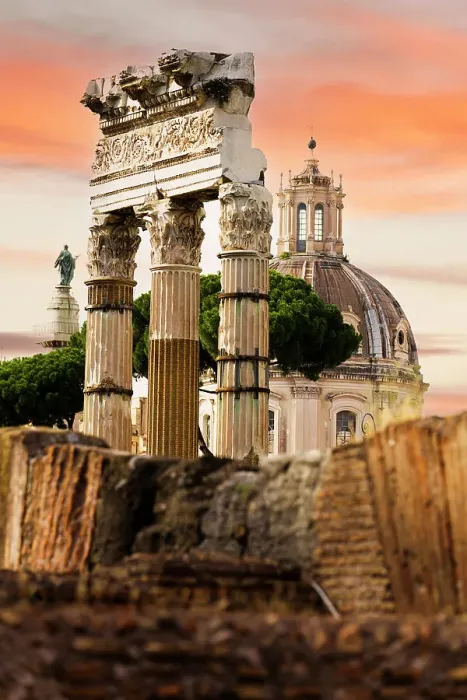Framed Print : Sunset over an old dome of a church and Imperial Forums, Rome, Italy Framed Print : Sunset over an old dome of a church and Imperial Forums, Rome, Italy