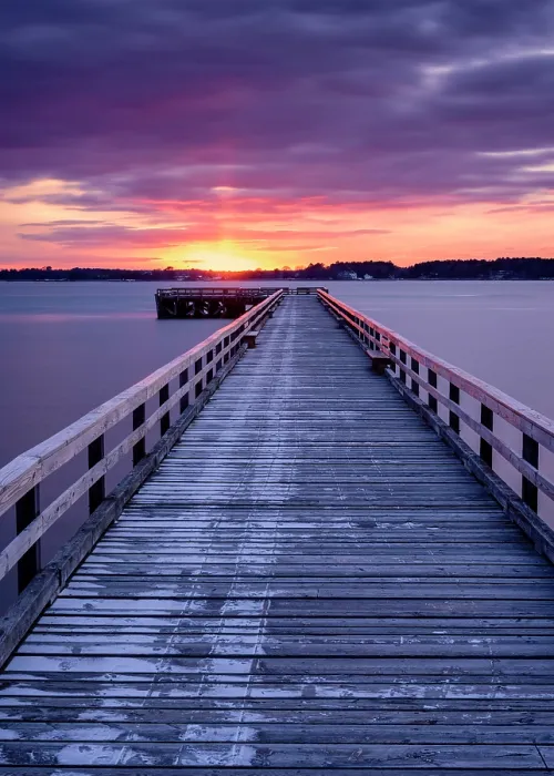 Framed Print : Sunset over pier at Fort Foster, Kittery Point, Maine, USA