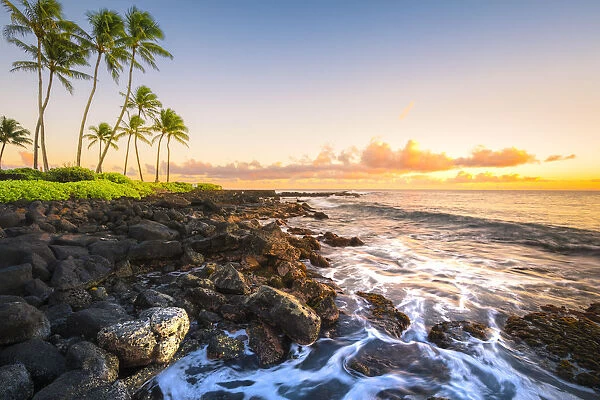 Sunset in Poipu beach park, Kauai island, Hawaii, USA