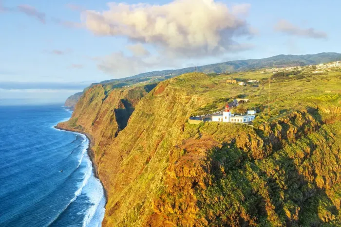 Framed Print : Sunset over Ponta do Pargo lighthouse on top of cliffs, aerial view, Calheta, Madeira Framed Print : Sunset over Ponta do Pargo lighthouse on top of cliffs, aerial view, Calheta, Madeira