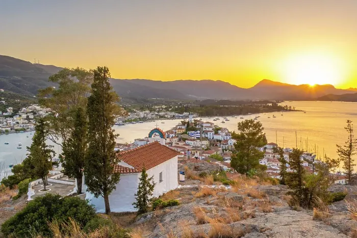 Framed Print : Sunset over Poros Island, Saronic Islands, Greece