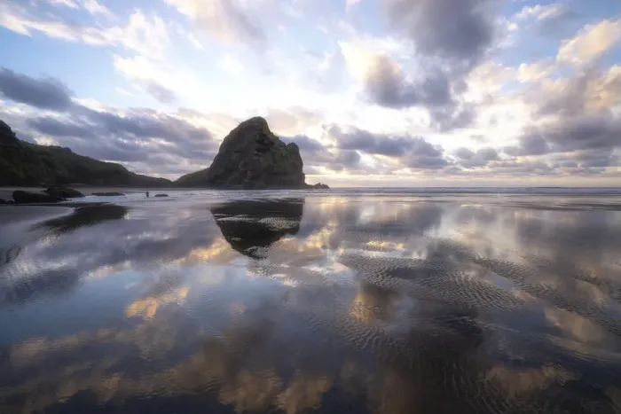 Framed Print : Sunset reflections at Piha Beach, Auckland, New Zealand Framed Print : Sunset reflections at Piha Beach, Auckland, New Zealand