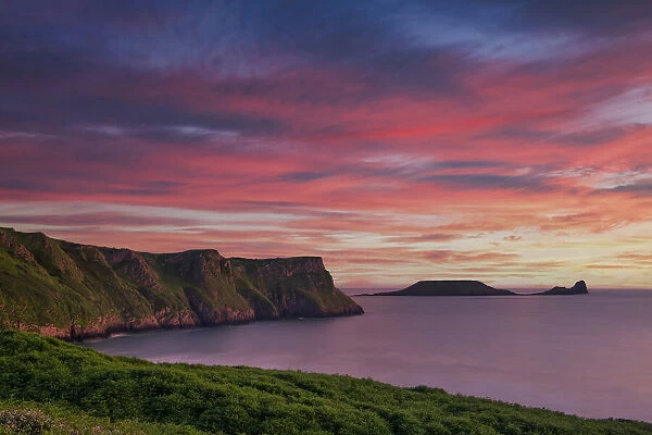 Sunset over Rhossili Bay & Worms Head, Gower Peninsula, West Glamorgan, Wales