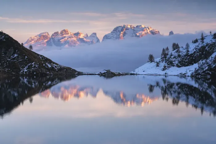 Framed Print : Sunset in Ritorto lake, Brenta dolomites in Campiglio, Trentino Alto Adige, Italy Framed Print : Sunset in Ritorto lake, Brenta dolomites in Campiglio, Trentino Alto Adige, Italy