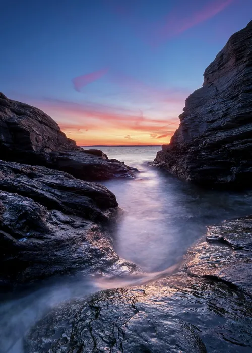 Framed Print : Sunset on the rocks at Beavertail State Park, Jamestown, Rhode Island, USA