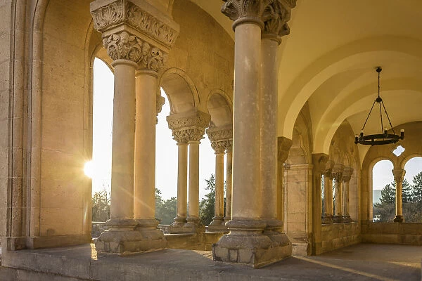 Sunset at the Romanesque Hall on the terrace of Bad Homburg Castle, Taunus, Hesse, Germany