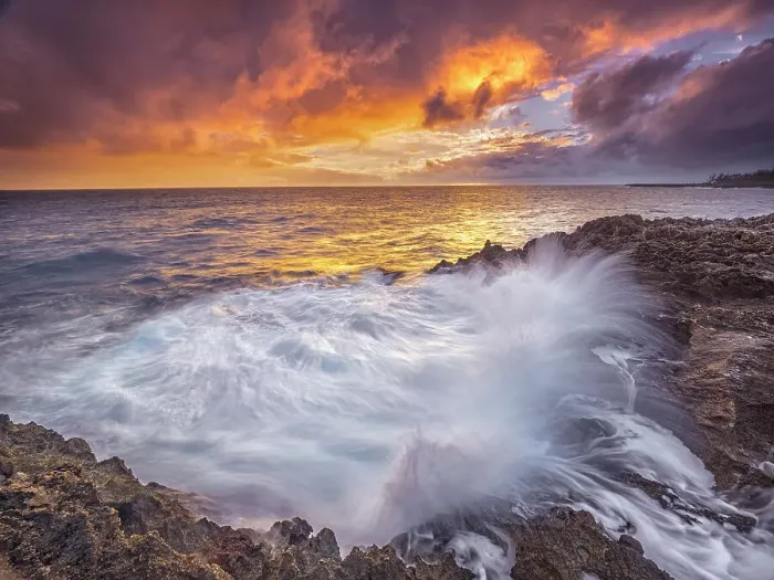Framed Print : Sunset on the rugged ironshore on the Caribbean Sea at Pedro St. James on Grand Cayman, Cayman Islands, British West Indies
