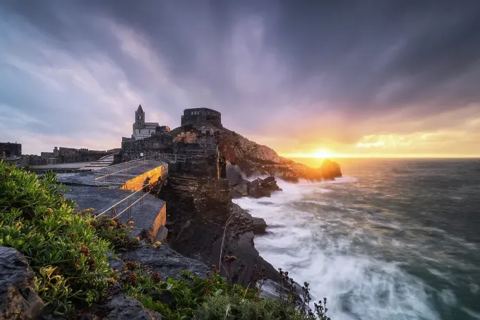 Framed Print : Sunset on the San Pietro Church from the terrace of the mills, municipality of Portovenere, La Spezia province, Liguria, Italy Framed Print : Sunset on the San Pietro Church from the terrace of the mills, municipality of Portovenere, La Spezia province, Liguria, Italy