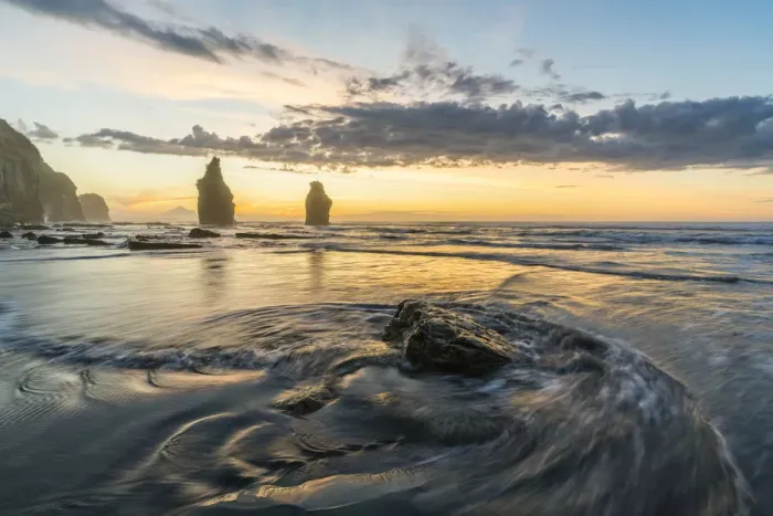 Framed Print : Sunset at the Three Sisters. Tongaporutu, New Plymouth district