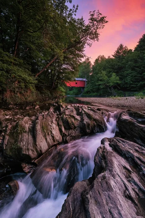 Framed Print : Sunset over Slaughter House Covered Bridge and Dog River, Northfield, Vermont, USA