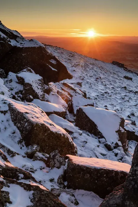 Framed Print : Sunset over snow covered rocks on Sourton Tor, Dartmoor National Park, Devon, England. Winter (December) 2022 Framed Print : Sunset over snow covered rocks on Sourton Tor, Dartmoor National Park, Devon, England. Winter (December) 2022