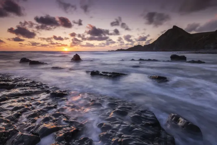 Framed Print : Sunset over Spekes Mill Mouth on the North Devon coast, England