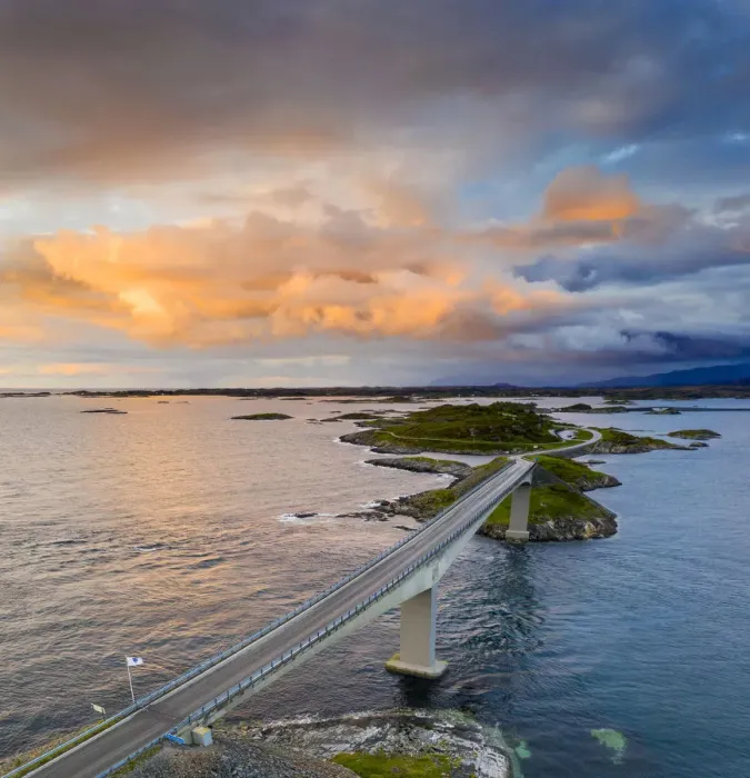 Framed Print : Sunset over Storseisundet Bridge on the Atlantic Road, aerial view Framed Print : Sunset over Storseisundet Bridge on the Atlantic Road, aerial view