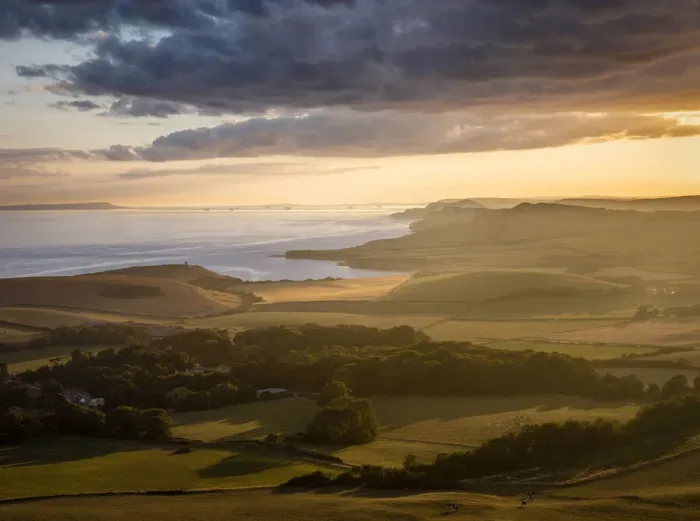 Framed Print : Sunset from Swyre Head, Isle of Purbeck, Jurassic Coast World Heritage Site, Dorset