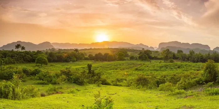 Framed Print : Sunset over the tobacco plantations and limestone hills (Mogotes) of the Vinales Framed Print : Sunset over the tobacco plantations and limestone hills (Mogotes) of the Vinales