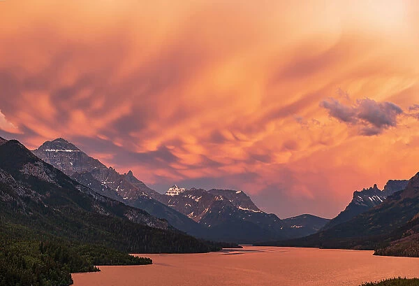 Sunset over Upper Waterton Lake from the Prince of Wales Hotel. Waterton Lakes National Park, Alberta, Canada