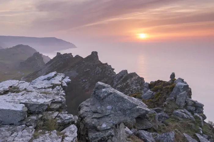 Framed Print : Sunset over the Valley of Rocks in Exmoor National Park, Devon, England Framed Print : Sunset over the Valley of Rocks in Exmoor National Park, Devon, England