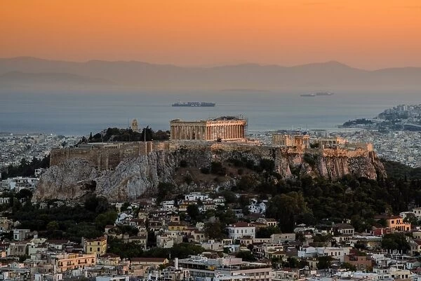 Sunset top view over Acropolis, Athens, Attica, Greece
