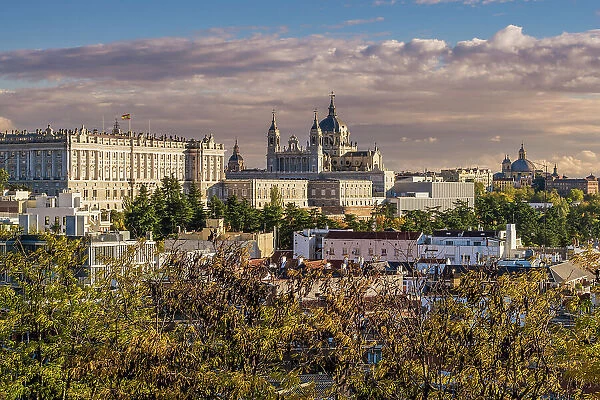 Sunset view over Almudena Cathedral and Royal Palace, Madrid, Spain