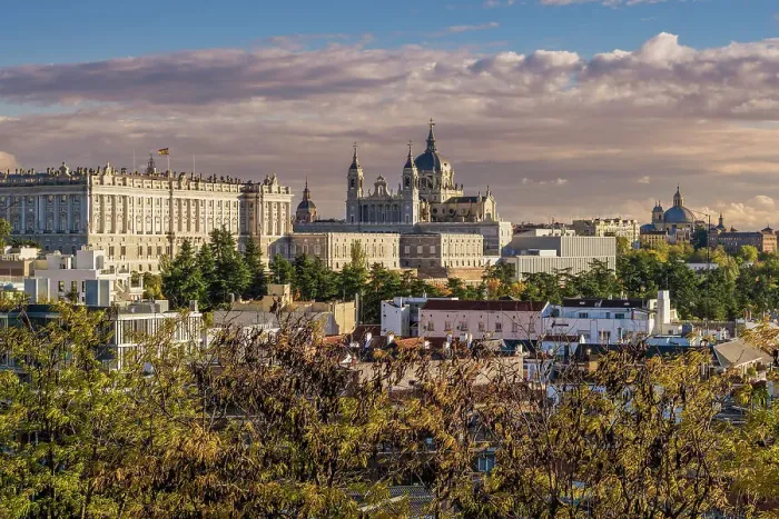 Framed Print : Sunset view over Almudena Cathedral and Royal Palace, Madrid, Spain Framed Print : Sunset view over Almudena Cathedral and Royal Palace, Madrid, Spain