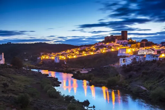 Framed Print : Sunset view over Guadiana River to old town with castle, Mertola, Alentejo, Portugal Framed Print : Sunset view over Guadiana River to old town with castle, Mertola, Alentejo, Portugal