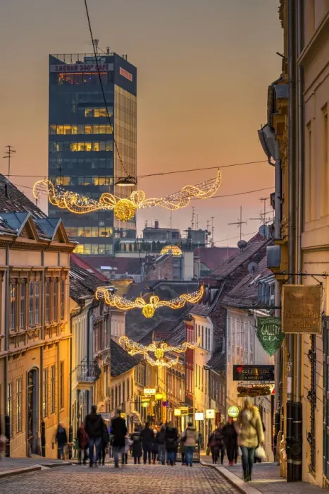Framed Print : Sunset view of a street in Gornji Grad or upper town adorned with Christmas lights