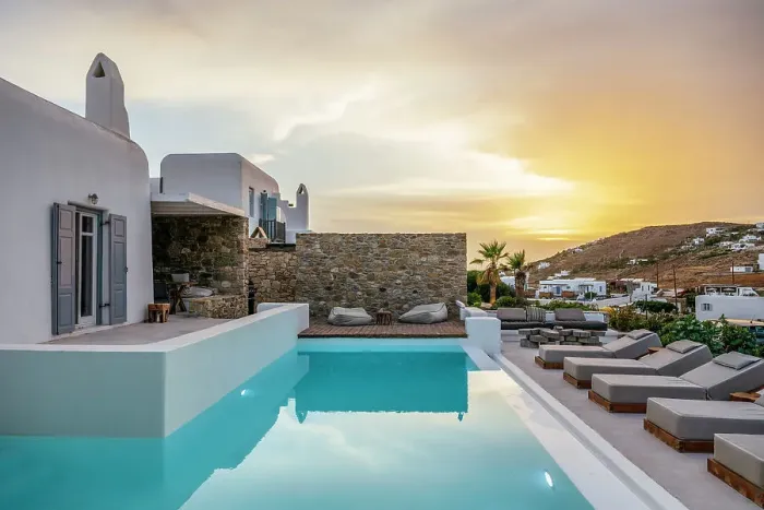 Framed Print : Sunset over Villa Pool, Mykonos, Greece, Europe Framed Print : Sunset over Villa Pool, Mykonos, Greece, Europe