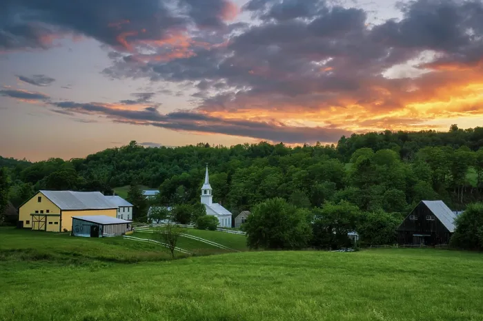 Framed Print : sunset over village and white-steeple church, East Corinth, Vermont, USA Framed Print : sunset over village and white-steeple church, East Corinth, Vermont, USA