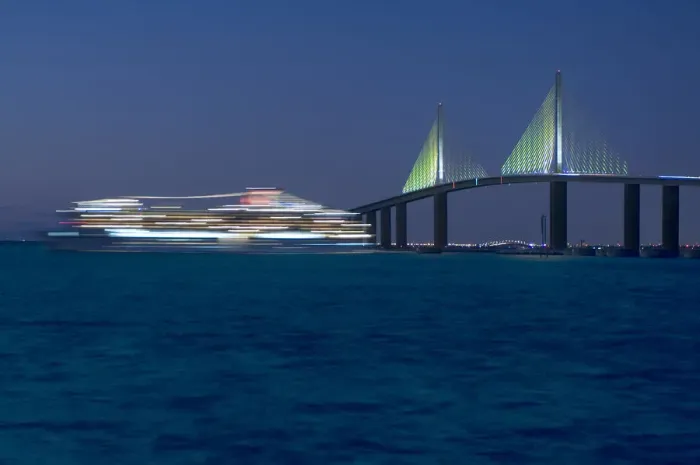 Framed Print : Sunshine Skyway Bridge, Cruise Ship, Tampa Bay, Gulf of Mexico, Saint Petersburg, Florida Framed Print : Sunshine Skyway Bridge, Cruise Ship, Tampa Bay, Gulf of Mexico, Saint Petersburg, Florida