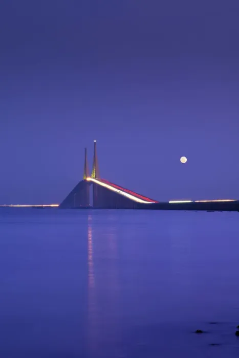 Framed Print : Sunshine Skyway Bridge, Tampa Bay, Full Moon, Saint Petersburg, Florida
